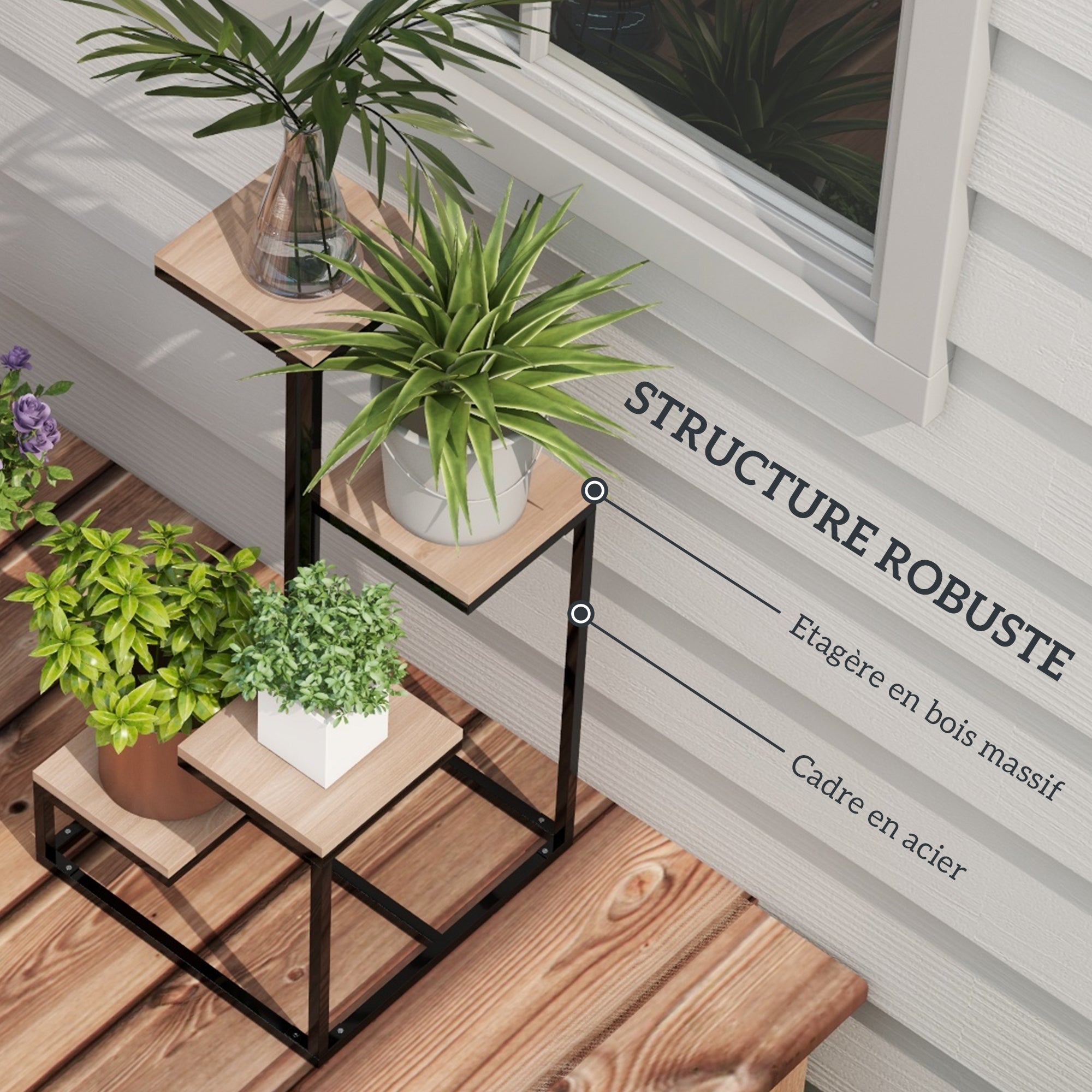 Metal and Wood Plant Stand Flower Shelf 4 Levels Industrial Style 40L x 40W x 75.5H cm