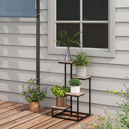 Metal and Wood Plant Stand Flower Shelf 4 Levels Industrial Style 40L x 40W x 75.5H cm