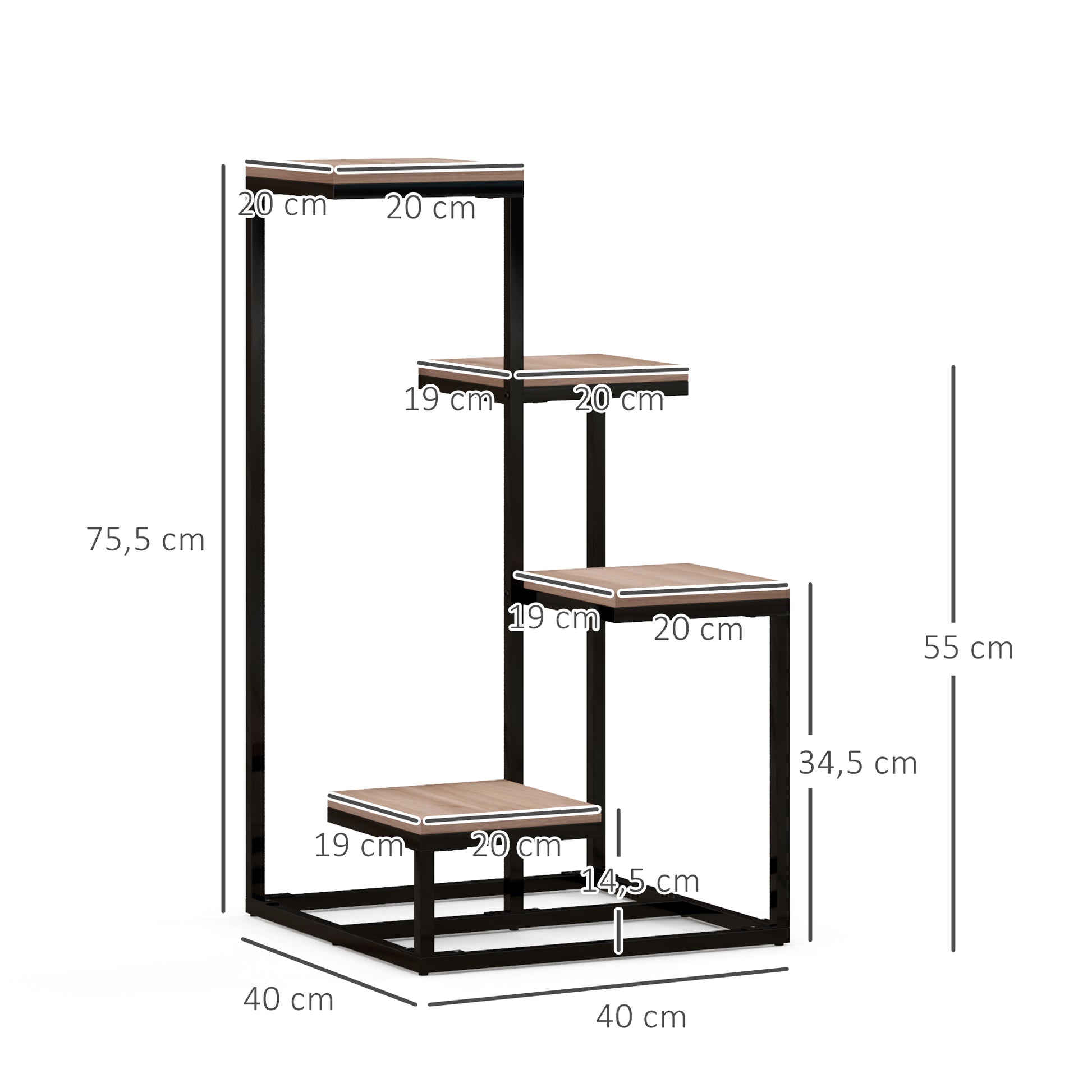 Metal and Wood Plant Stand Flower Shelf 4 Levels Industrial Style 40L x 40W x 75.5H cm