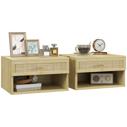 Set of 2 Floating Bedside Tables Hanging Bedside Tables with Open Compartment and Rattan Front Drawer Nightstands for Bedroom Home 40x34x23 cm Natural