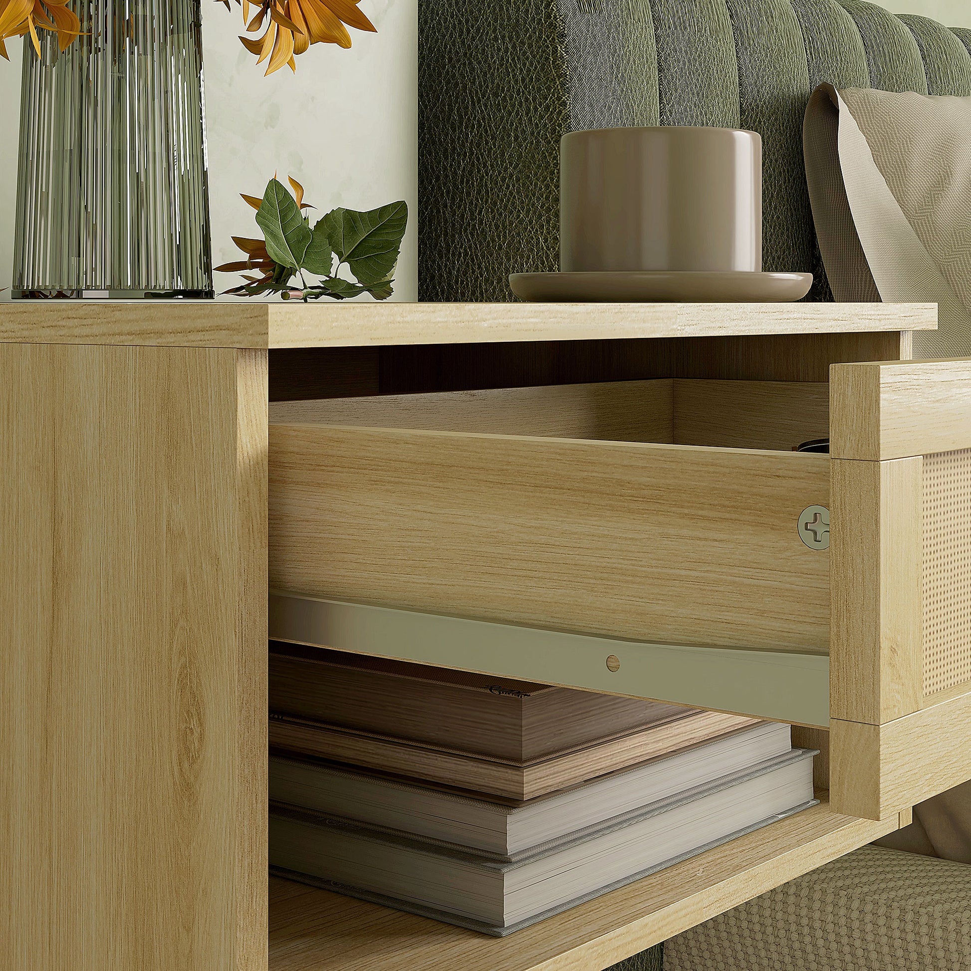 Set of 2 Floating Bedside Tables Hanging Bedside Tables with Open Compartment and Rattan Front Drawer Nightstands for Bedroom Home 40x34x23 cm Natural