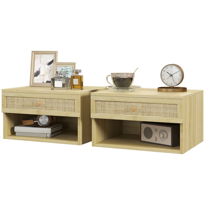 Set of 2 Floating Bedside Tables Hanging Bedside Tables with Open Compartment and Rattan Front Drawer Nightstands for Bedroom Home 40x34x23 cm Natural