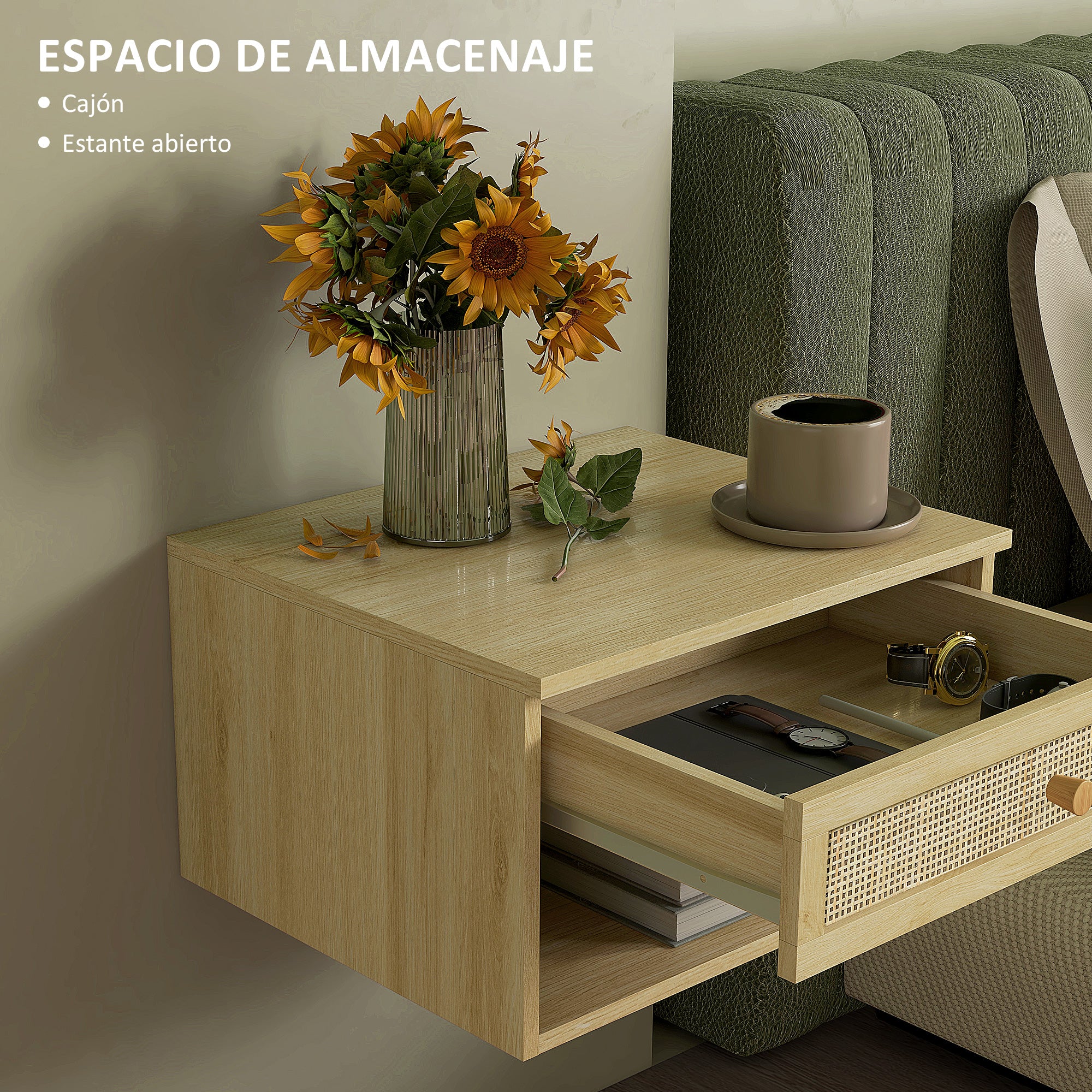 Set of 2 Floating Bedside Tables Hanging Bedside Tables with Open Compartment and Rattan Front Drawer Nightstands for Bedroom Home 40x34x23 cm Natural