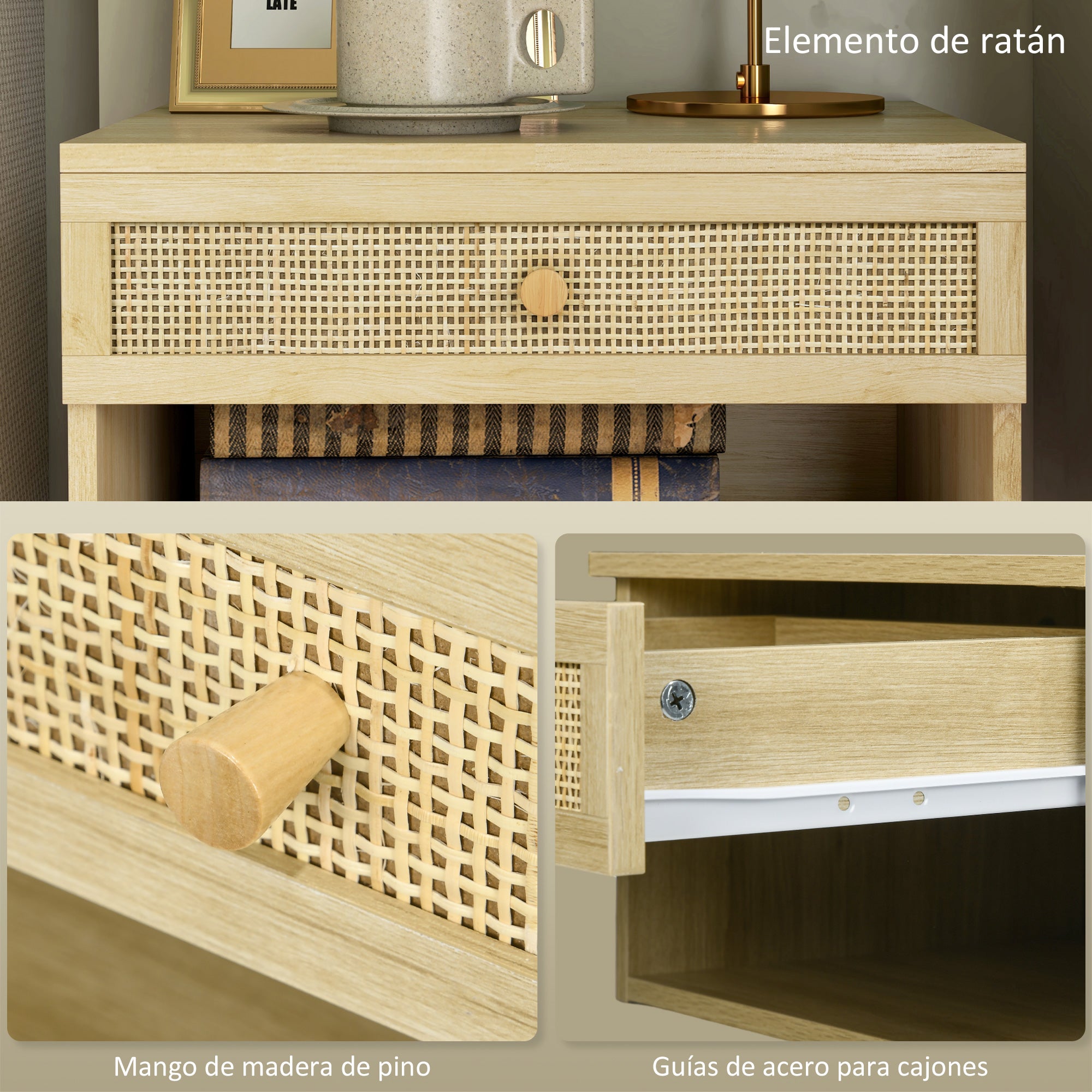 Set of 2 Floating Bedside Tables Hanging Bedside Tables with Open Compartment and Rattan Front Drawer Nightstands for Bedroom Home 40x34x23 cm Natural