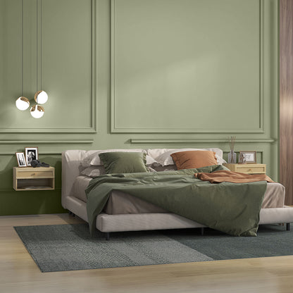 Set of 2 Floating Bedside Tables Hanging Bedside Tables with Open Compartment and Rattan Front Drawer Nightstands for Bedroom Home 40x34x23 cm Natural