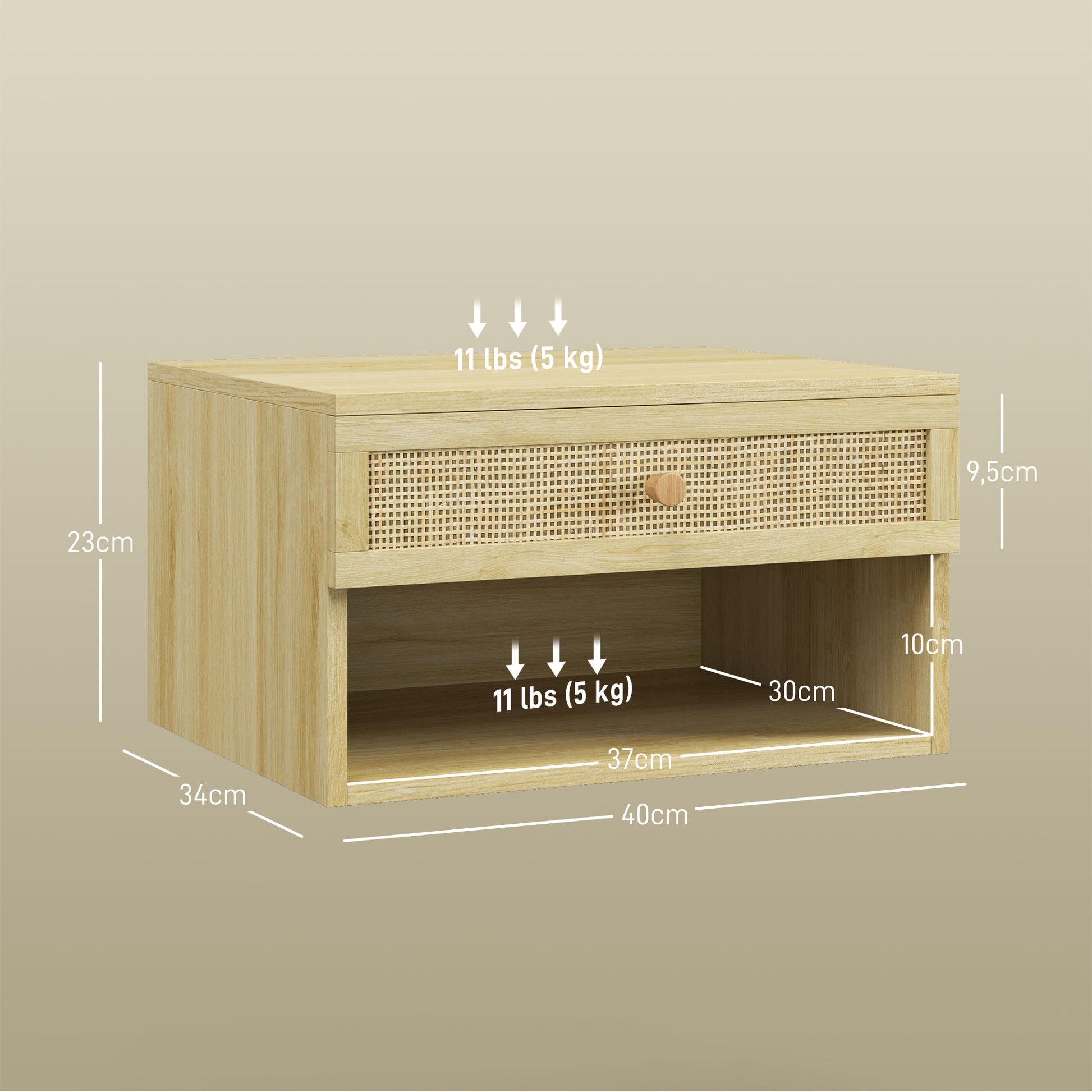 Set of 2 Floating Bedside Tables Hanging Bedside Tables with Open Compartment and Rattan Front Drawer Nightstands for Bedroom Home 40x34x23 cm Natural