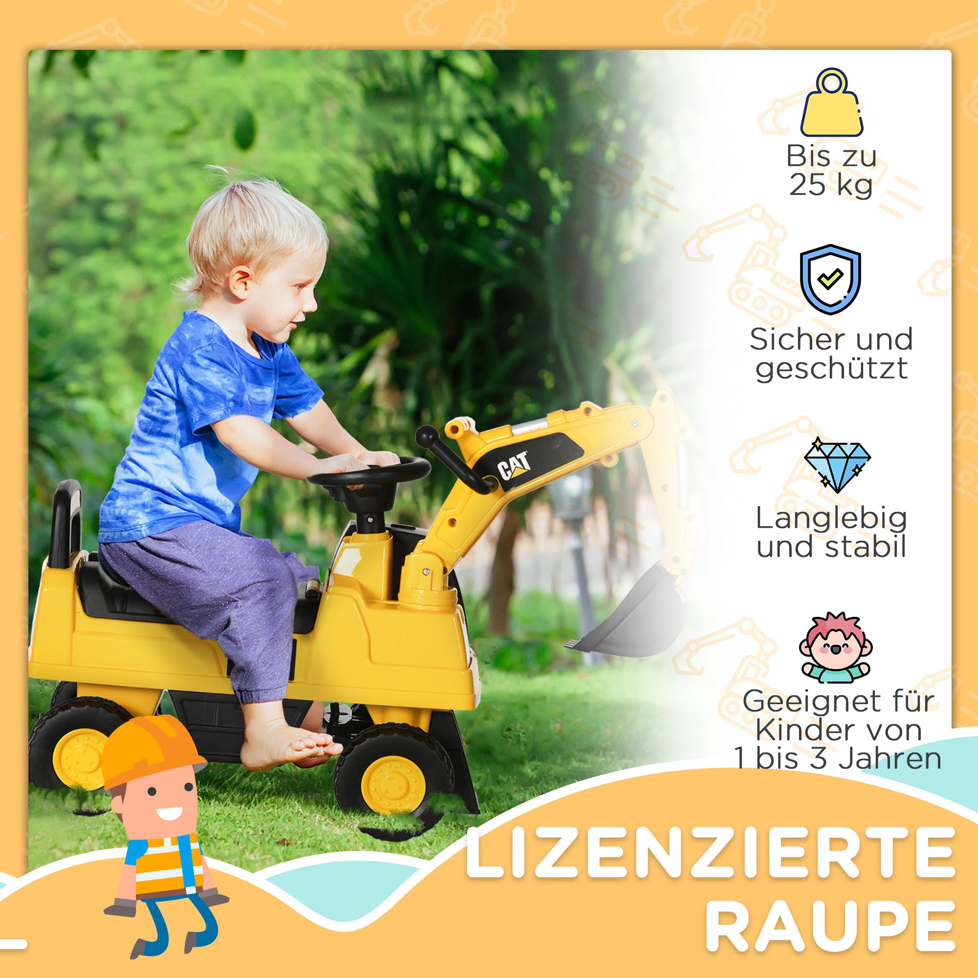 Seat Digger Ride-On Digger with Adjustable Shovel Steering Wheel Kids Digger with Storage Space under Seat Ride-On Toy Digger up to 25kg, Sitting for Children 1-3 Years Yellow