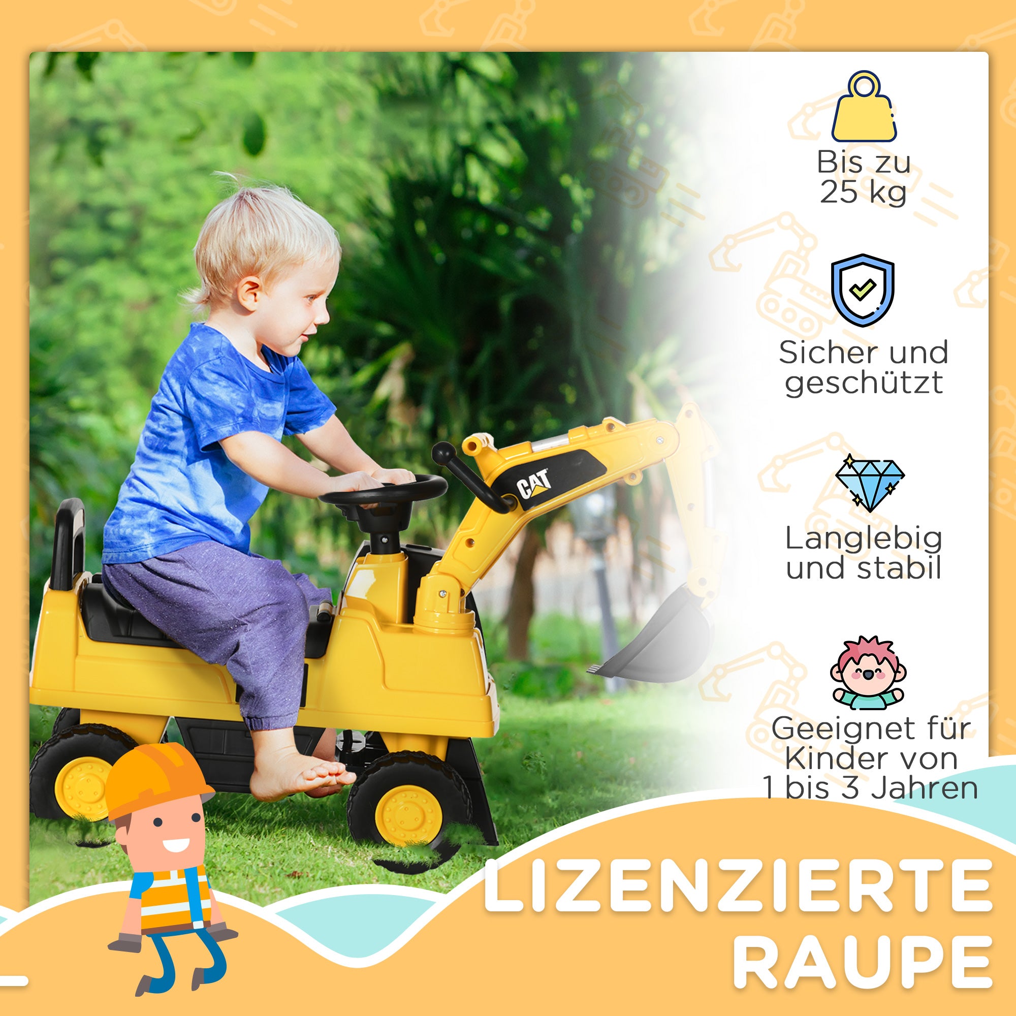 Seat Digger Ride-On Digger with Adjustable Shovel Steering Wheel Kids Digger with Storage Space under Seat Ride-On Toy Digger up to 25kg, Sitting for Children 1-3 Years Yellow