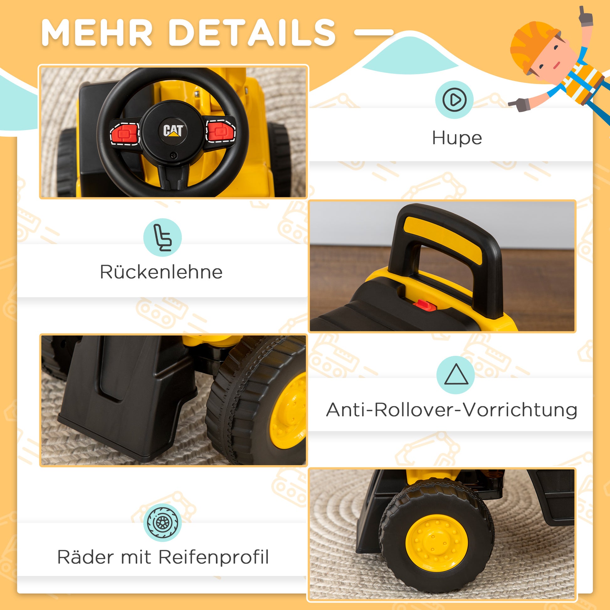 Seat Digger Ride-On Digger with Adjustable Shovel Steering Wheel Kids Digger with Storage Space under Seat Ride-On Toy Digger up to 25kg, Sitting for Children 1-3 Years Yellow