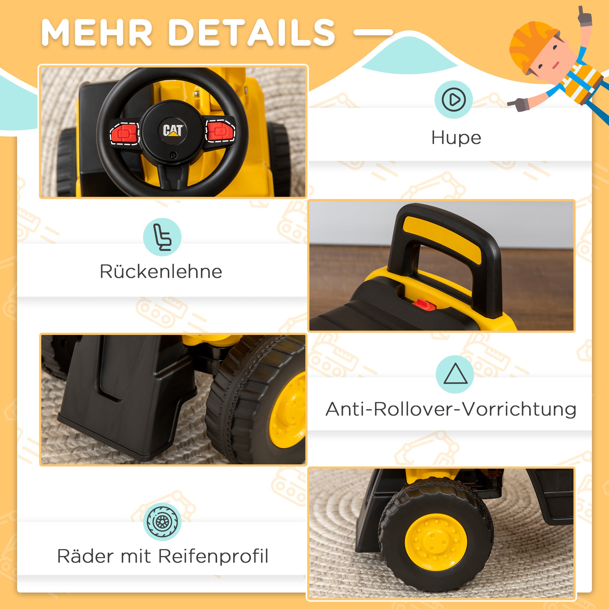 Seat Digger Ride-On Digger with Adjustable Shovel Steering Wheel Kids Digger with Storage Space under Seat Ride-On Toy Digger up to 25kg, Sitting for Children 1-3 Years Yellow
