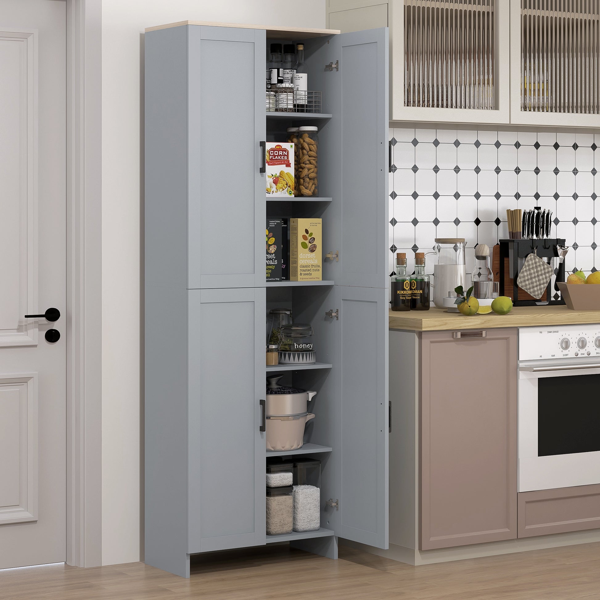 Kitchen Cabinet Highboard Buffet Storage Cabinet Modern Style Multi-storage with 4 Doors and Adjustable Shelves, 60 x 30 x 170.5 cm, Gray