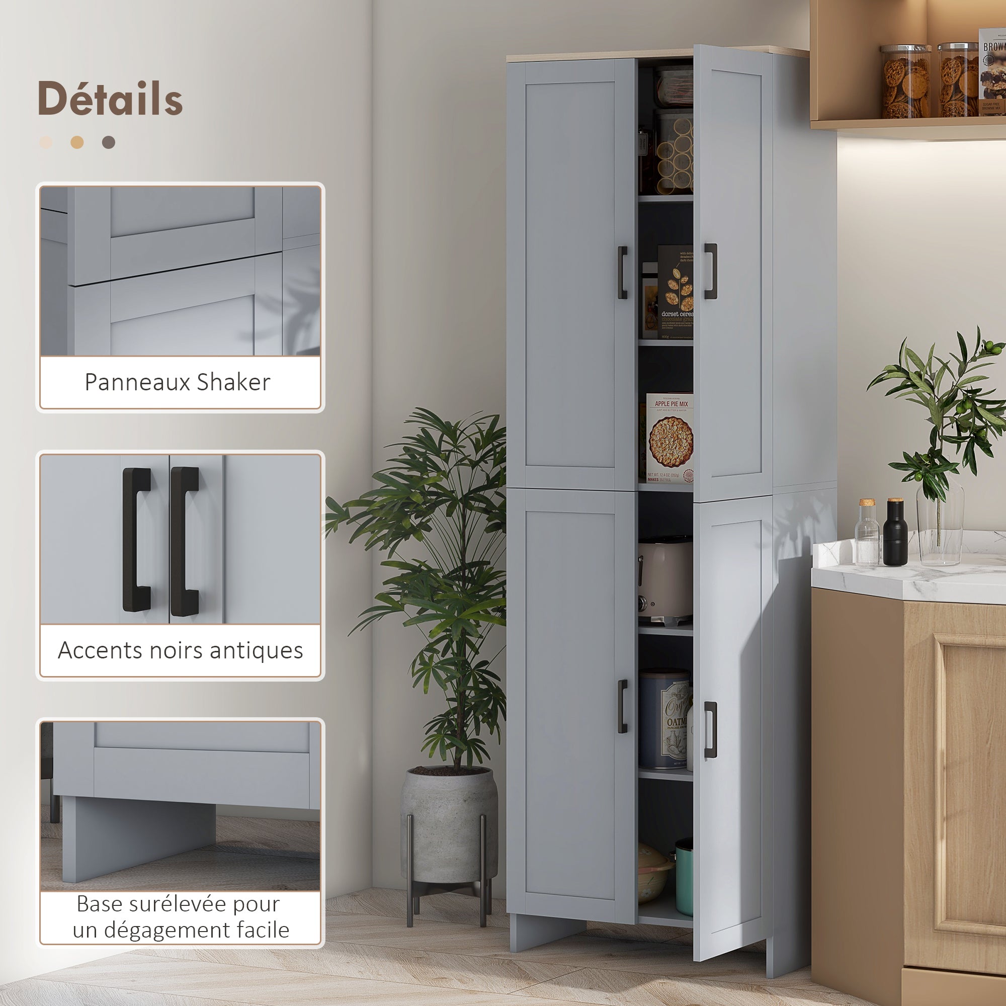 Kitchen Cabinet Highboard Buffet Storage Cabinet Modern Style Multi-storage with 4 Doors and Adjustable Shelves, 60 x 30 x 170.5 cm, Gray