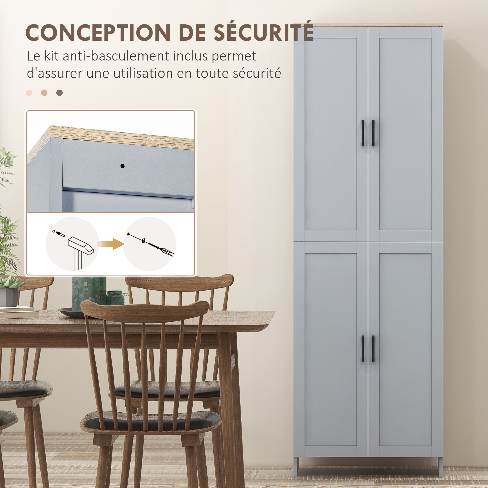 Kitchen Cabinet Highboard Buffet Storage Cabinet Modern Style Multi-storage with 4 Doors and Adjustable Shelves, 60 x 30 x 170.5 cm, Gray