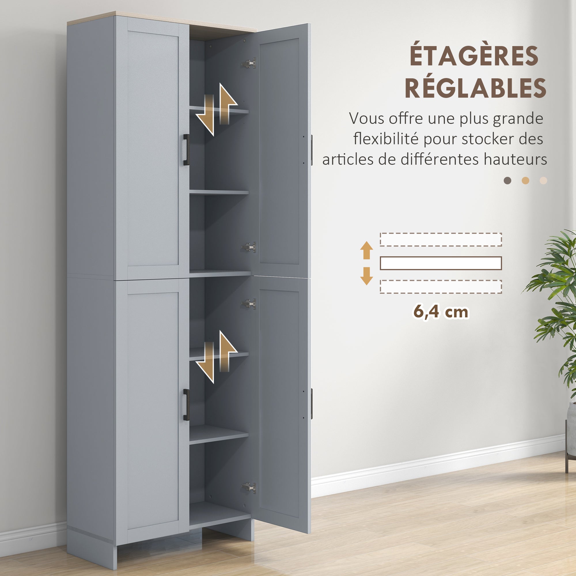 Kitchen Cabinet Highboard Buffet Storage Cabinet Modern Style Multi-storage with 4 Doors and Adjustable Shelves, 60 x 30 x 170.5 cm, Gray
