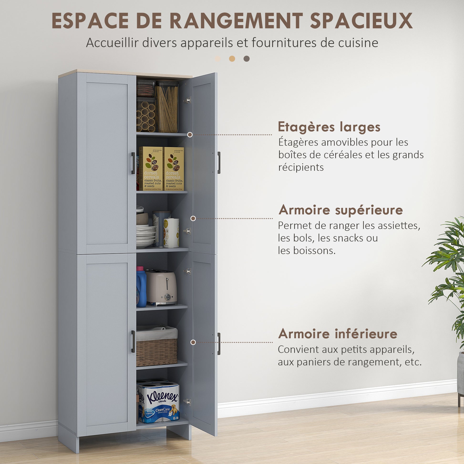 Kitchen Cabinet Highboard Buffet Storage Cabinet Modern Style Multi-storage with 4 Doors and Adjustable Shelves, 60 x 30 x 170.5 cm, Gray