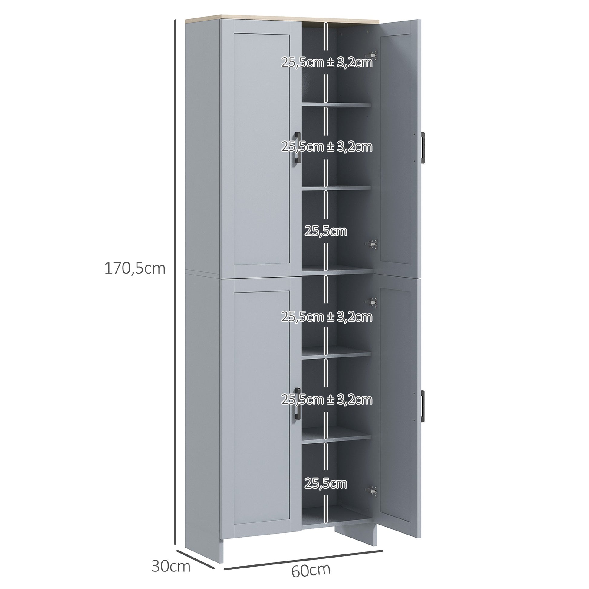 Kitchen Cabinet Highboard Buffet Storage Cabinet Modern Style Multi-storage with 4 Doors and Adjustable Shelves, 60 x 30 x 170.5 cm, Gray