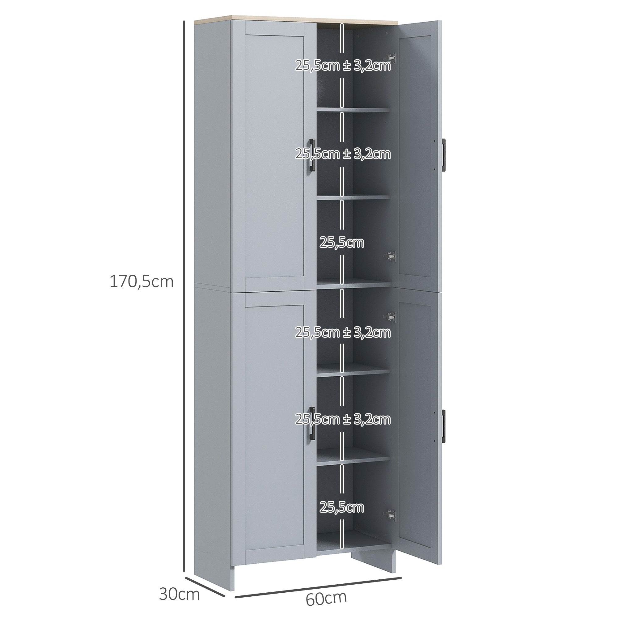 Kitchen Cabinet Highboard Buffet Storage Cabinet Modern Style Multi-storage with 4 Doors and Adjustable Shelves, 60 x 30 x 170.5 cm, Gray