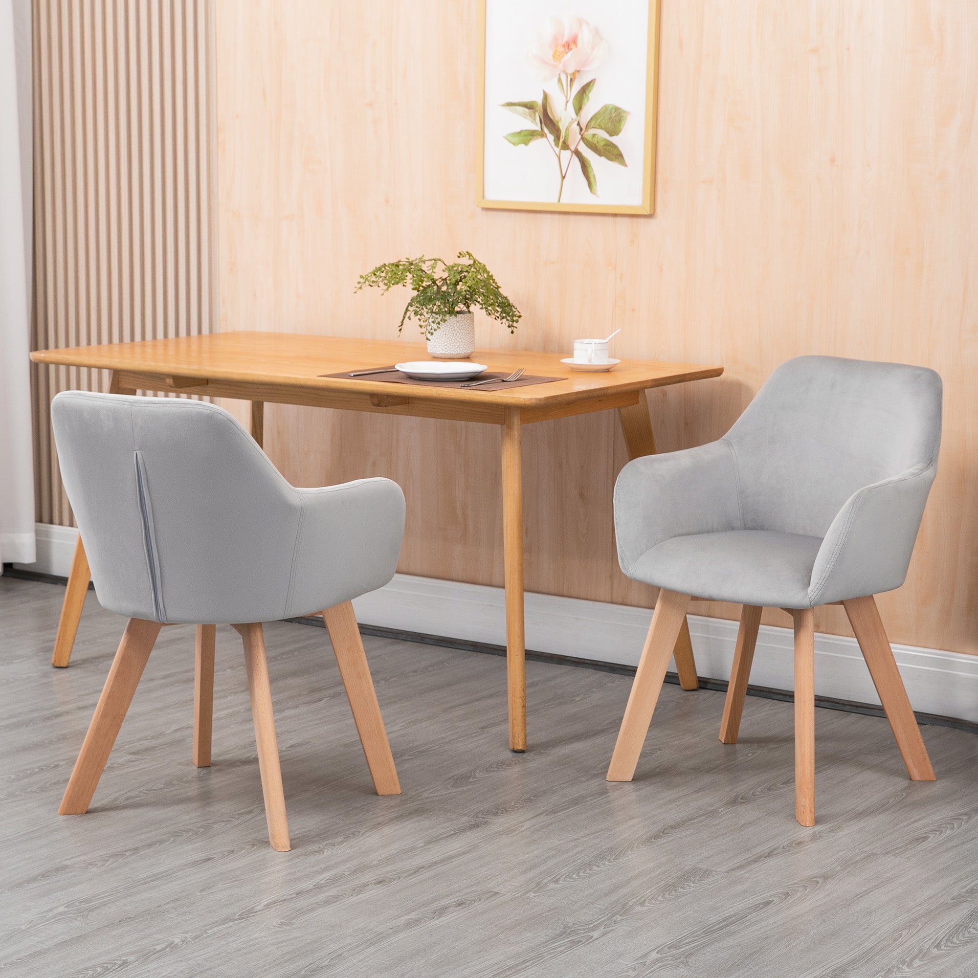 Dining Chairs Set of 2, Kitchen Chair with Armrest, Backrest, Upholstered Chairs with Velvet Look, Living Room Chair with Wooden Legs for Kitchen, Dining Room, Gray