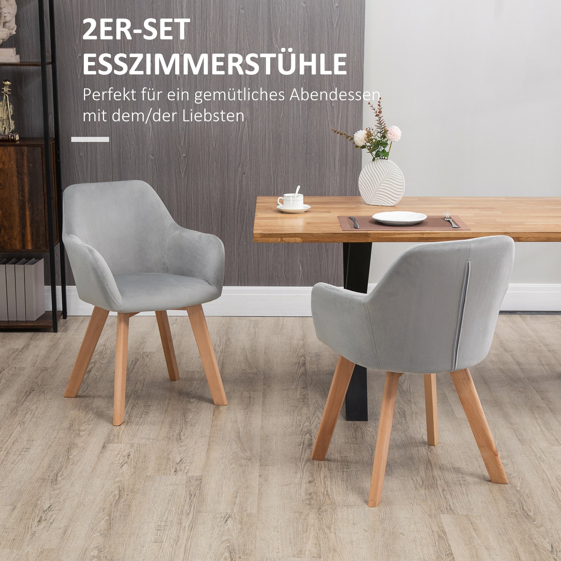 Dining Chairs Set of 2, Kitchen Chair with Armrest, Backrest, Upholstered Chairs with Velvet Look, Living Room Chair with Wooden Legs for Kitchen, Dining Room, Gray