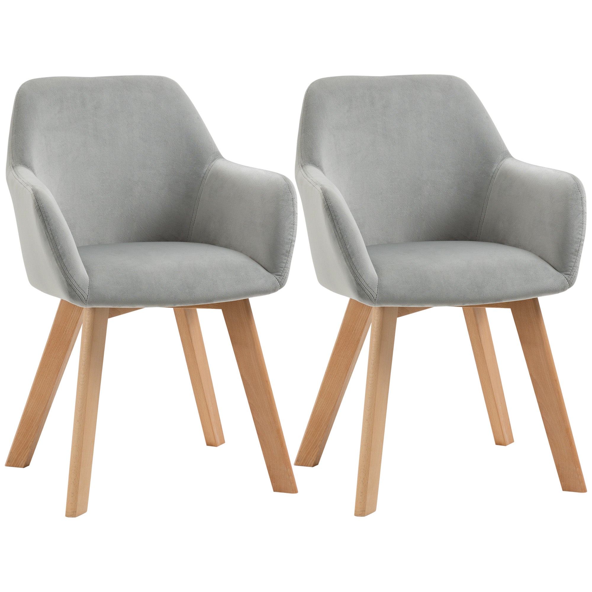Dining Chairs Set of 2, Kitchen Chair with Armrest, Backrest, Upholstered Chairs with Velvet Look, Living Room Chair with Wooden Legs for Kitchen, Dining Room, Gray