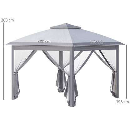 Folding Gazebo 10.8x10.8 ft Garden Canopy with 3 Adjustable Height Levels Double Roof 4 Removable Mosquito Nettings and Waterproof UV-Resistant Transport Bag Gazebo for Outdoor Parties Gray