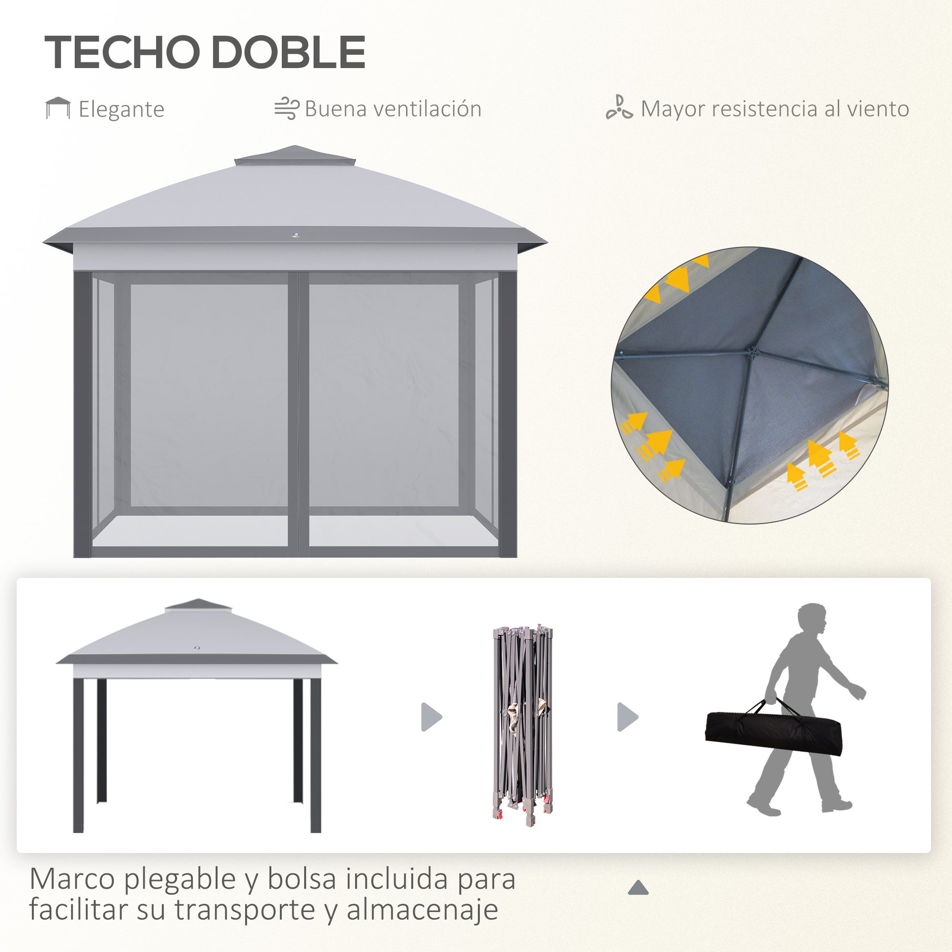 Folding Gazebo 10.8x10.8 ft Garden Canopy with 3 Adjustable Height Levels Double Roof 4 Removable Mosquito Nettings and Waterproof UV-Resistant Transport Bag Gazebo for Outdoor Parties Gray