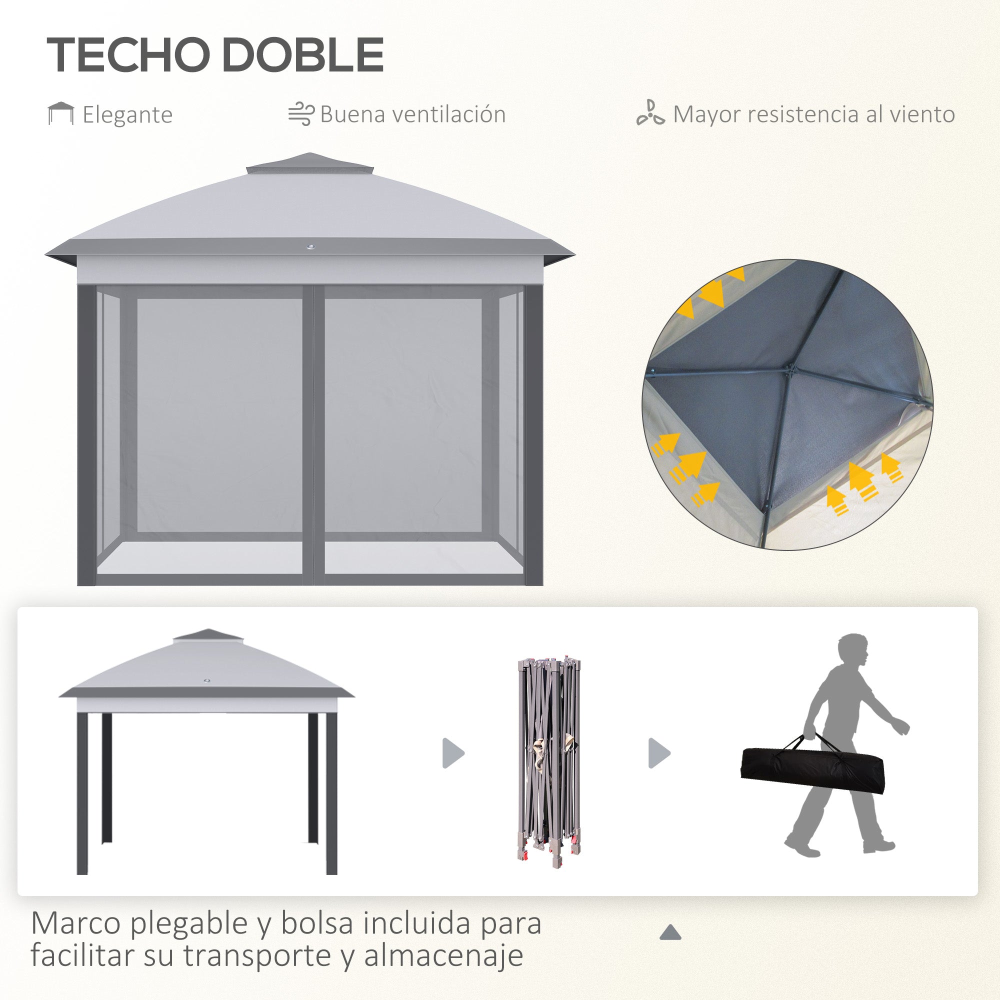 Folding Gazebo 10.8x10.8 ft Garden Canopy with 3 Adjustable Height Levels Double Roof 4 Removable Mosquito Nettings and Waterproof UV-Resistant Transport Bag Gazebo for Outdoor Parties Gray