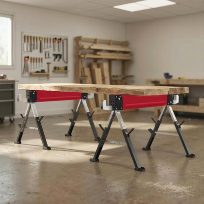 2-Pack Folding Sawhorses — Heavy-Duty Metal Work Stands, 1,160 kg Pair Capacity, 7-Position Height (64–81 cm), Red