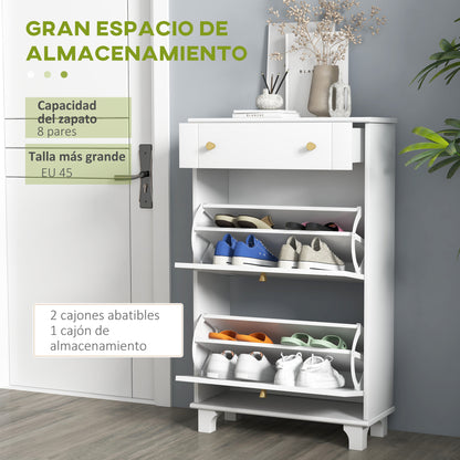 Narrow Shoe Cabinet Entryway Shoe Rack with 2 Flip-Down Drawers and 1 Removable Drawer for 8 Pairs of Shoes for Hallway 60x23.5x98.5 cm White