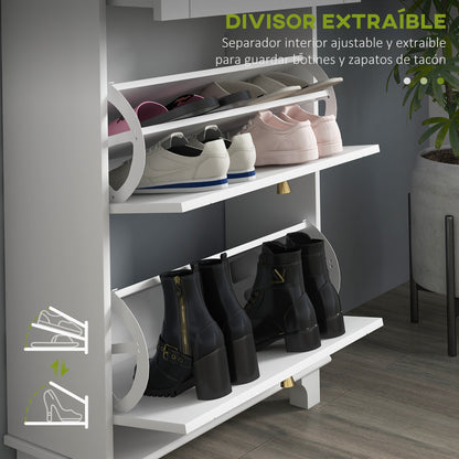 Narrow Shoe Cabinet Entryway Shoe Rack with 2 Flip-Down Drawers and 1 Removable Drawer for 8 Pairs of Shoes for Hallway 60x23.5x98.5 cm White