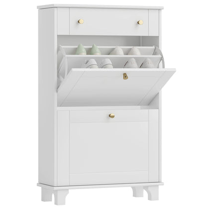 Narrow Shoe Cabinet Entryway Shoe Rack with 2 Flip-Down Drawers and 1 Removable Drawer for 8 Pairs of Shoes for Hallway 60x23.5x98.5 cm White