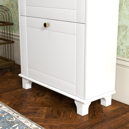 Narrow Shoe Cabinet Entryway Shoe Rack with 2 Flip-Down Drawers and 1 Removable Drawer for 8 Pairs of Shoes for Hallway 60x23.5x98.5 cm White