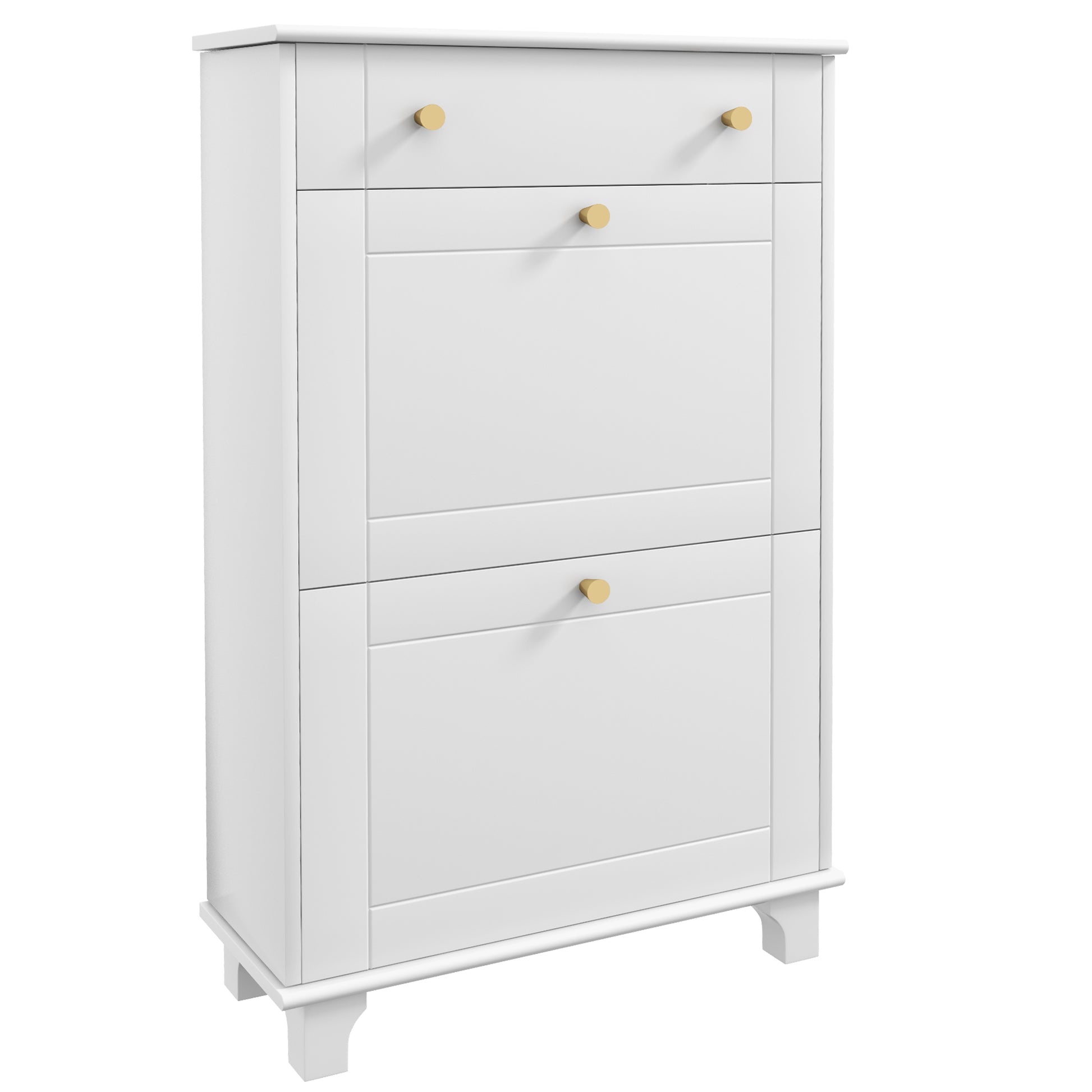 Narrow Shoe Cabinet Entryway Shoe Rack with 2 Flip-Down Drawers and 1 Removable Drawer for 8 Pairs of Shoes for Hallway 60x23.5x98.5 cm White