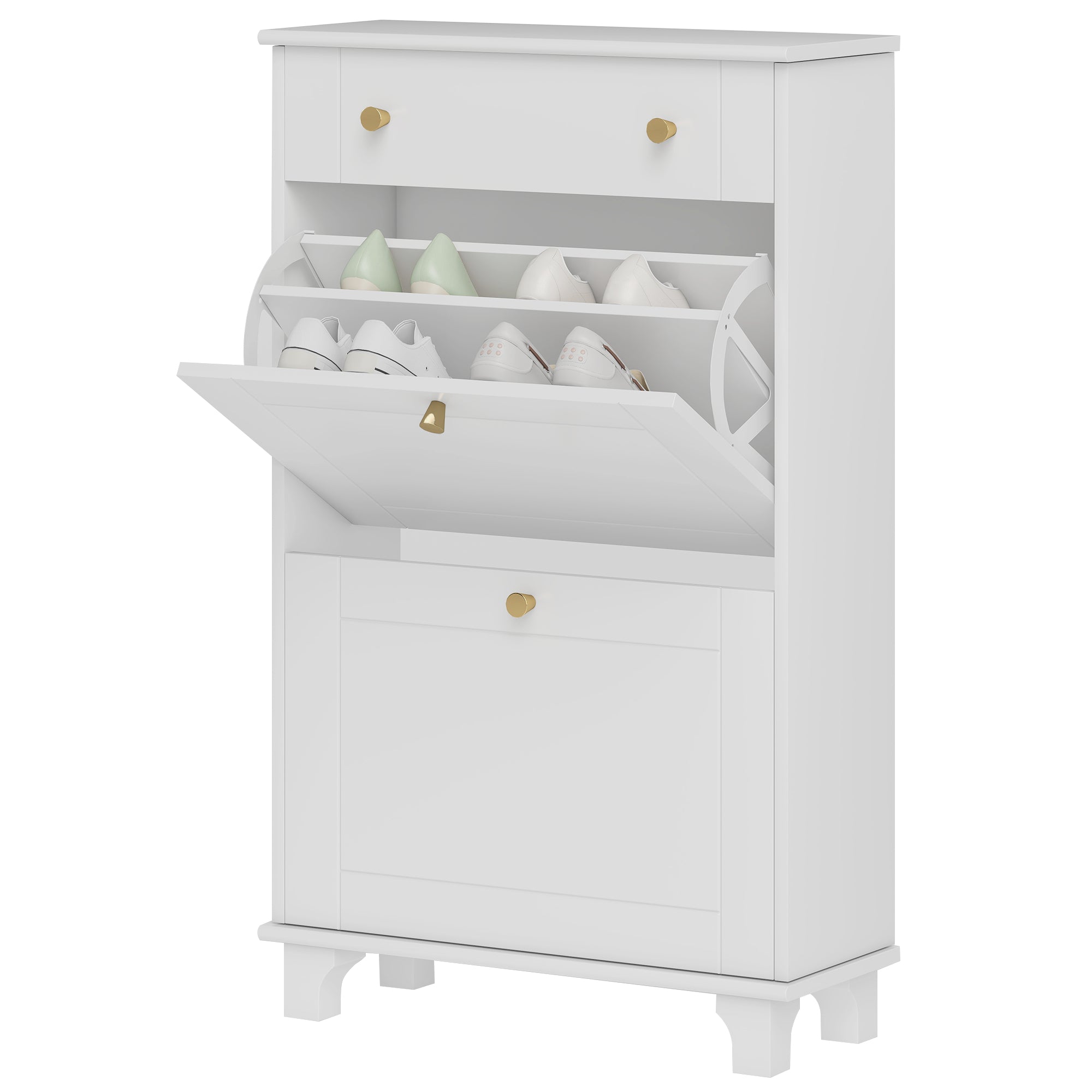 Narrow Shoe Cabinet Entryway Shoe Rack with 2 Flip-Down Drawers and 1 Removable Drawer for 8 Pairs of Shoes for Hallway 60x23.5x98.5 cm White