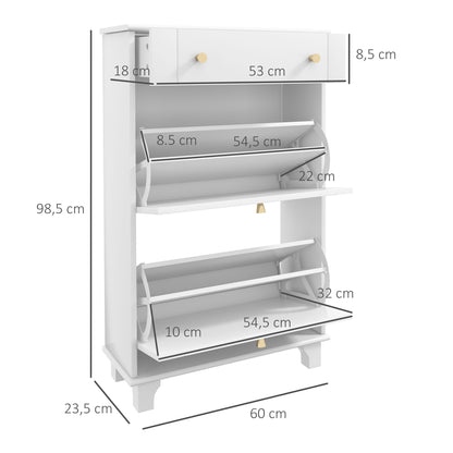 Narrow Shoe Cabinet Entryway Shoe Rack with 2 Flip-Down Drawers and 1 Removable Drawer for 8 Pairs of Shoes for Hallway 60x23.5x98.5 cm White