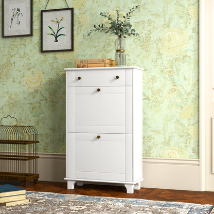 Narrow Shoe Cabinet Entryway Shoe Rack with 2 Flip-Down Drawers and 1 Removable Drawer for 8 Pairs of Shoes for Hallway 60x23.5x98.5 cm White