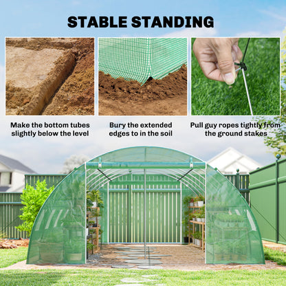 Outdoor Greenhouse 6 x 4 x 2 m (19.7 x 13.1 x 6.6 ft) Tunnel Greenhouse with 2 Support Bars, Roll-Up Doors, Mesh Windows, PE Cover & Galvanized Steel Frame, UV-Proof, Waterproof, Green