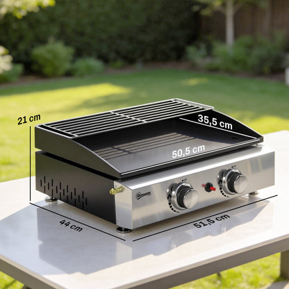Portable Tabletop Gas Grill, 5 kW, 2 Burners, Ceramic-Coated Griddle, Warming Rack, Removable Grease Tray, Stainless Steel — Picnic & Balcony Grill