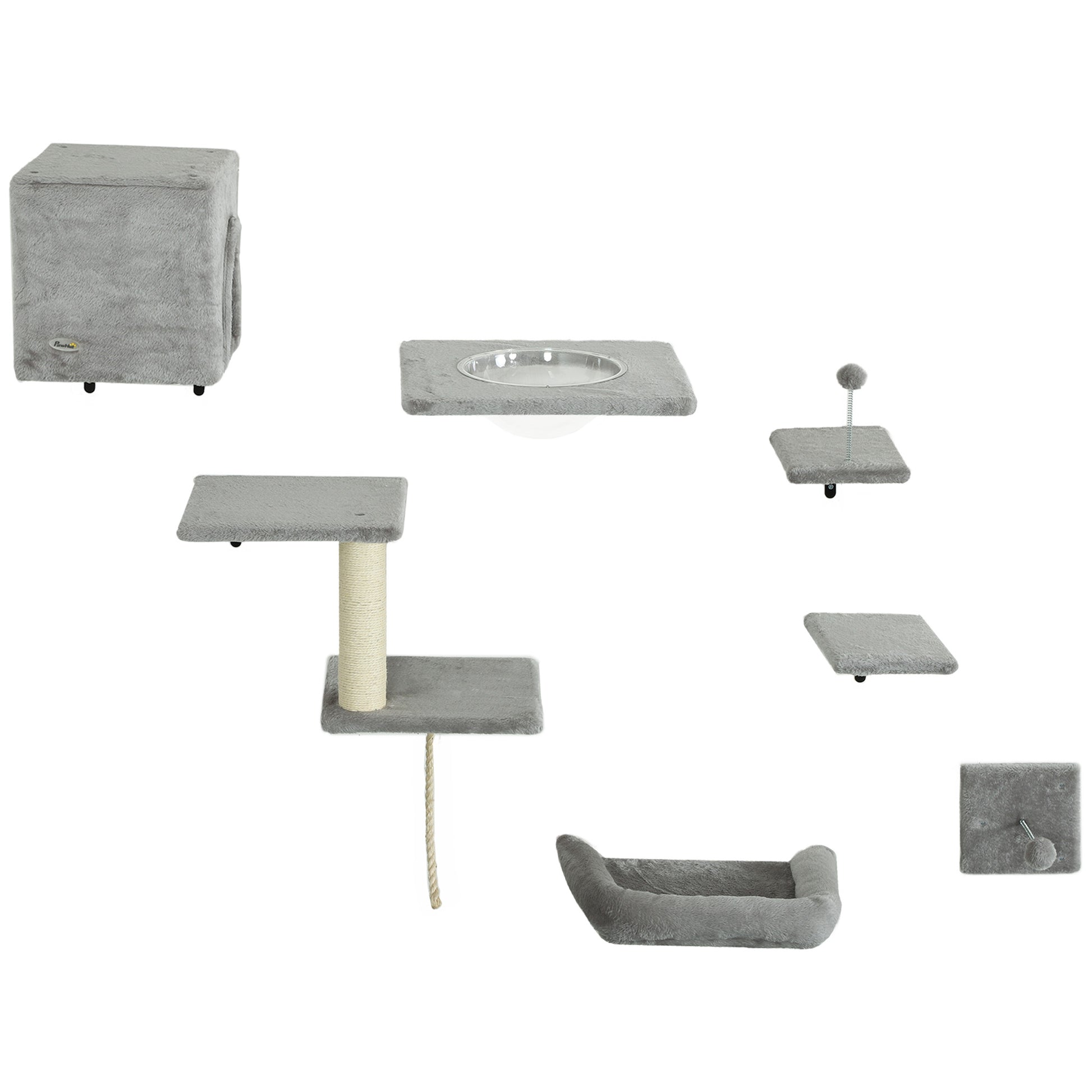 Climbing Wall Cat 7-Piece Cat Climbing Wall Set with Cat House, Platform, Scratching Post with Hanging Ball, Plush Wall Scratching Post, Cat Furniture for Cats up to 5 kg, Gray