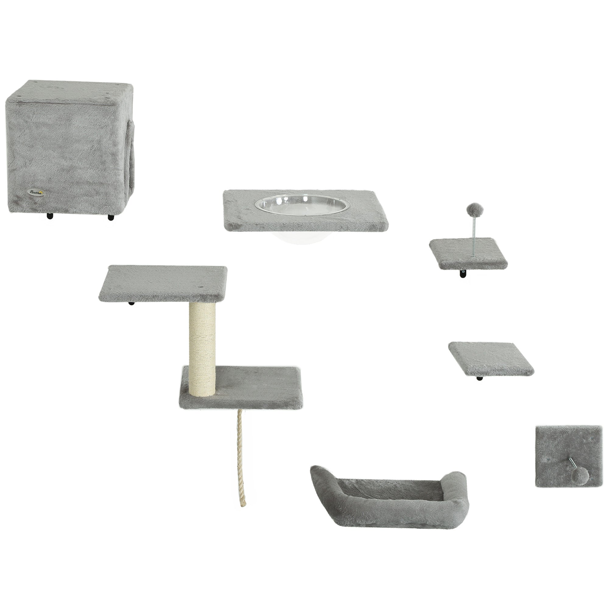 Climbing Wall Cat 7-Piece Cat Climbing Wall Set with Cat House, Platform, Scratching Post with Hanging Ball, Plush Wall Scratching Post, Cat Furniture for Cats up to 5 kg, Gray