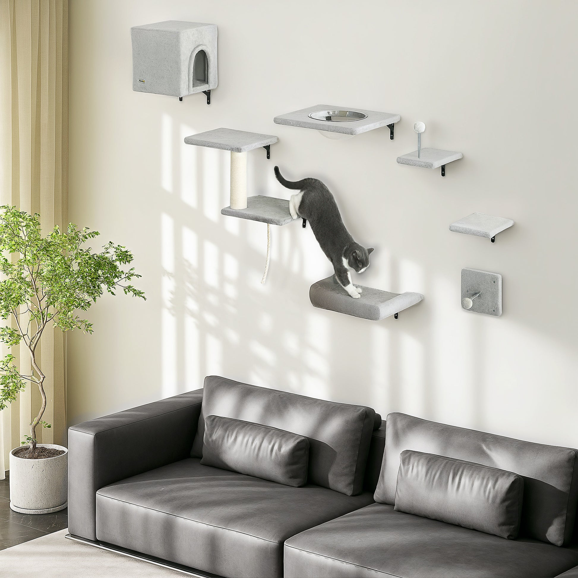 Climbing Wall Cat 7-Piece Cat Climbing Wall Set with Cat House, Platform, Scratching Post with Hanging Ball, Plush Wall Scratching Post, Cat Furniture for Cats up to 5 kg, Gray