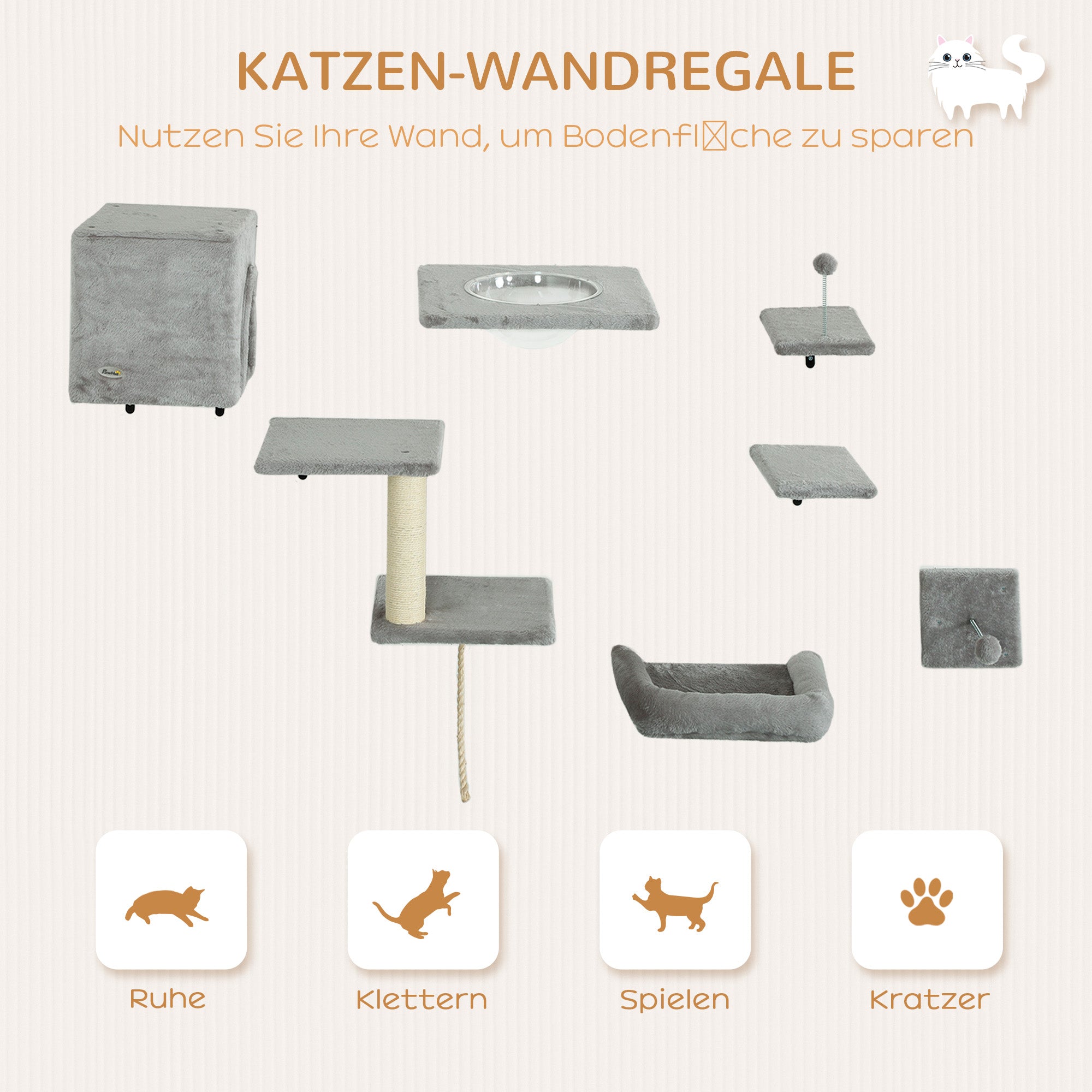 Climbing Wall Cat 7-Piece Cat Climbing Wall Set with Cat House, Platform, Scratching Post with Hanging Ball, Plush Wall Scratching Post, Cat Furniture for Cats up to 5 kg, Gray