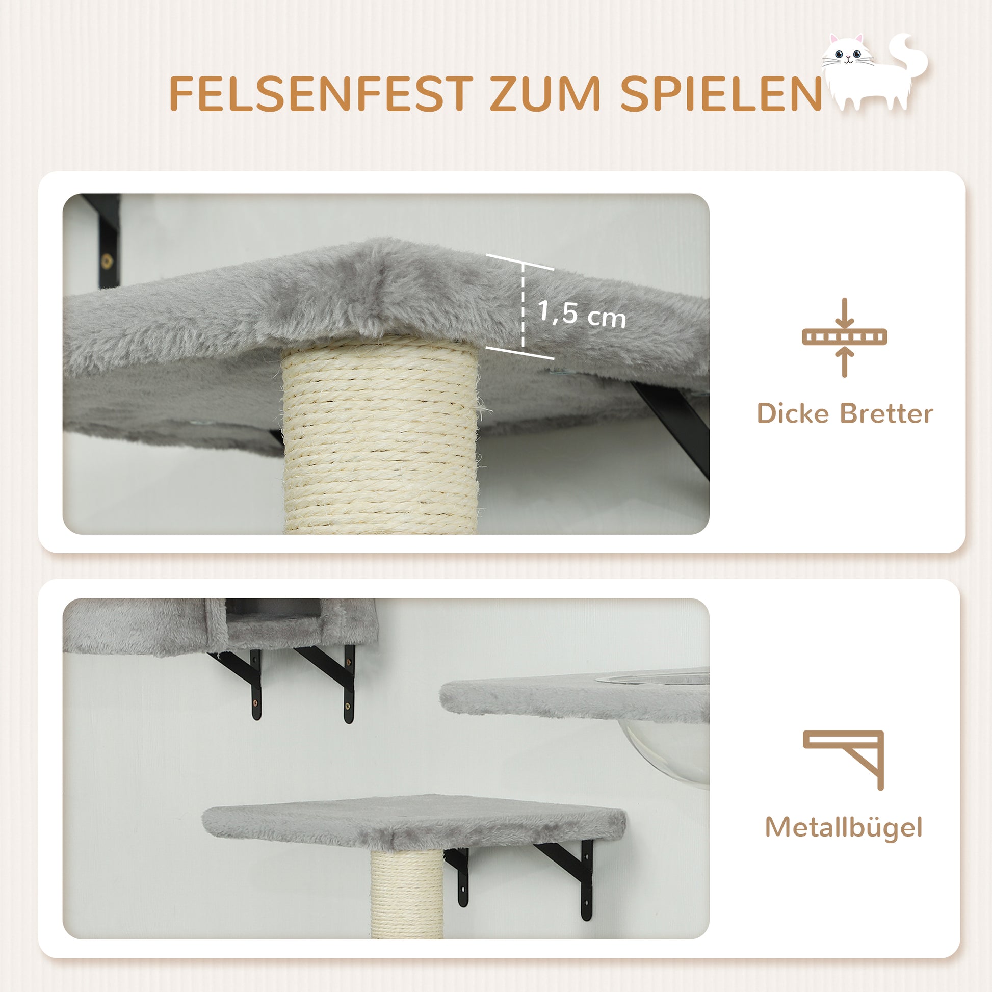 Climbing Wall Cat 7-Piece Cat Climbing Wall Set with Cat House, Platform, Scratching Post with Hanging Ball, Plush Wall Scratching Post, Cat Furniture for Cats up to 5 kg, Gray