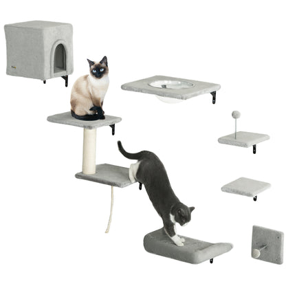 Climbing Wall Cat 7-Piece Cat Climbing Wall Set with Cat House, Platform, Scratching Post with Hanging Ball, Plush Wall Scratching Post, Cat Furniture for Cats up to 5 kg, Gray