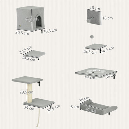 Climbing Wall Cat 7-Piece Cat Climbing Wall Set with Cat House, Platform, Scratching Post with Hanging Ball, Plush Wall Scratching Post, Cat Furniture for Cats up to 5 kg, Gray