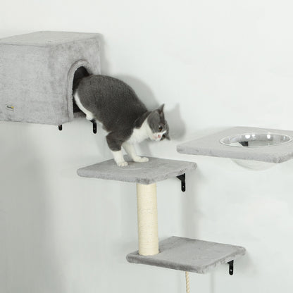 Climbing Wall Cat 7-Piece Cat Climbing Wall Set with Cat House, Platform, Scratching Post with Hanging Ball, Plush Wall Scratching Post, Cat Furniture for Cats up to 5 kg, Gray