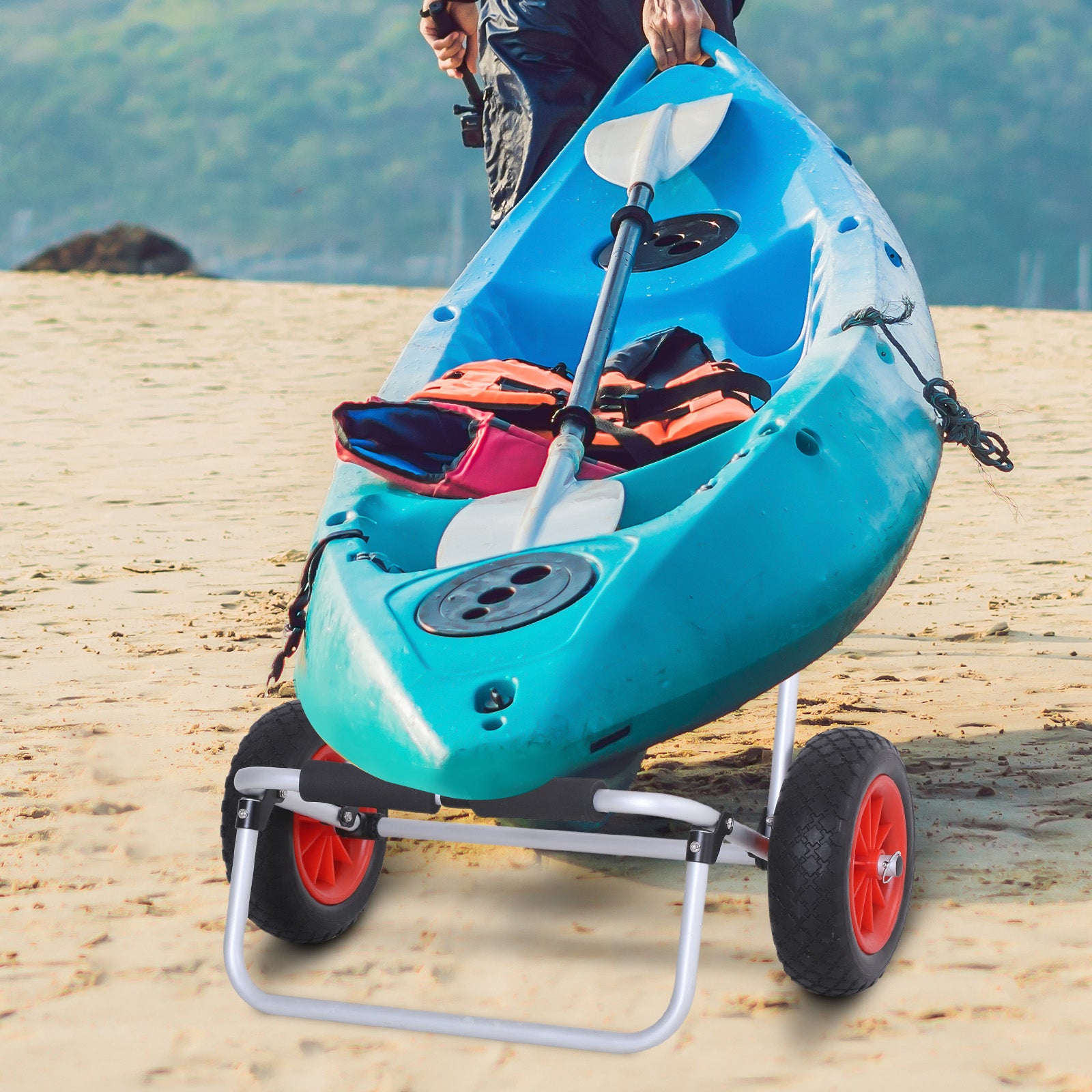Folding Canoe Trolley up to 90 kg Aluminum Transport Cart Kayak Cart Boat Cart with Strap Wheels Padded Surf Cart Canoe Cart Boat Trailer Trolley for Surfboard Board Inflatable Boat