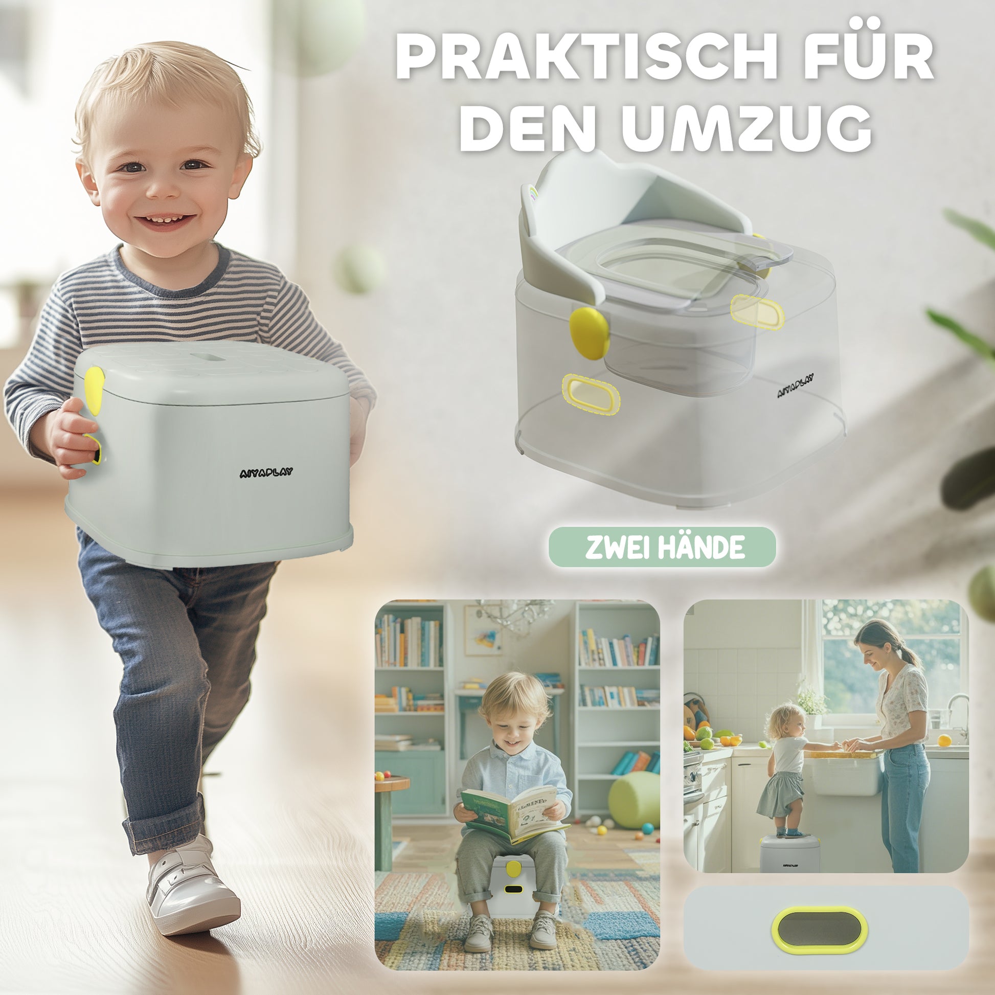 3-in-1 Child's Potty, detachable Potty, Potty with Handles, for Children 6-72 Months, up to 50 kg Capacity, Plastic, Faux Leather, Gray