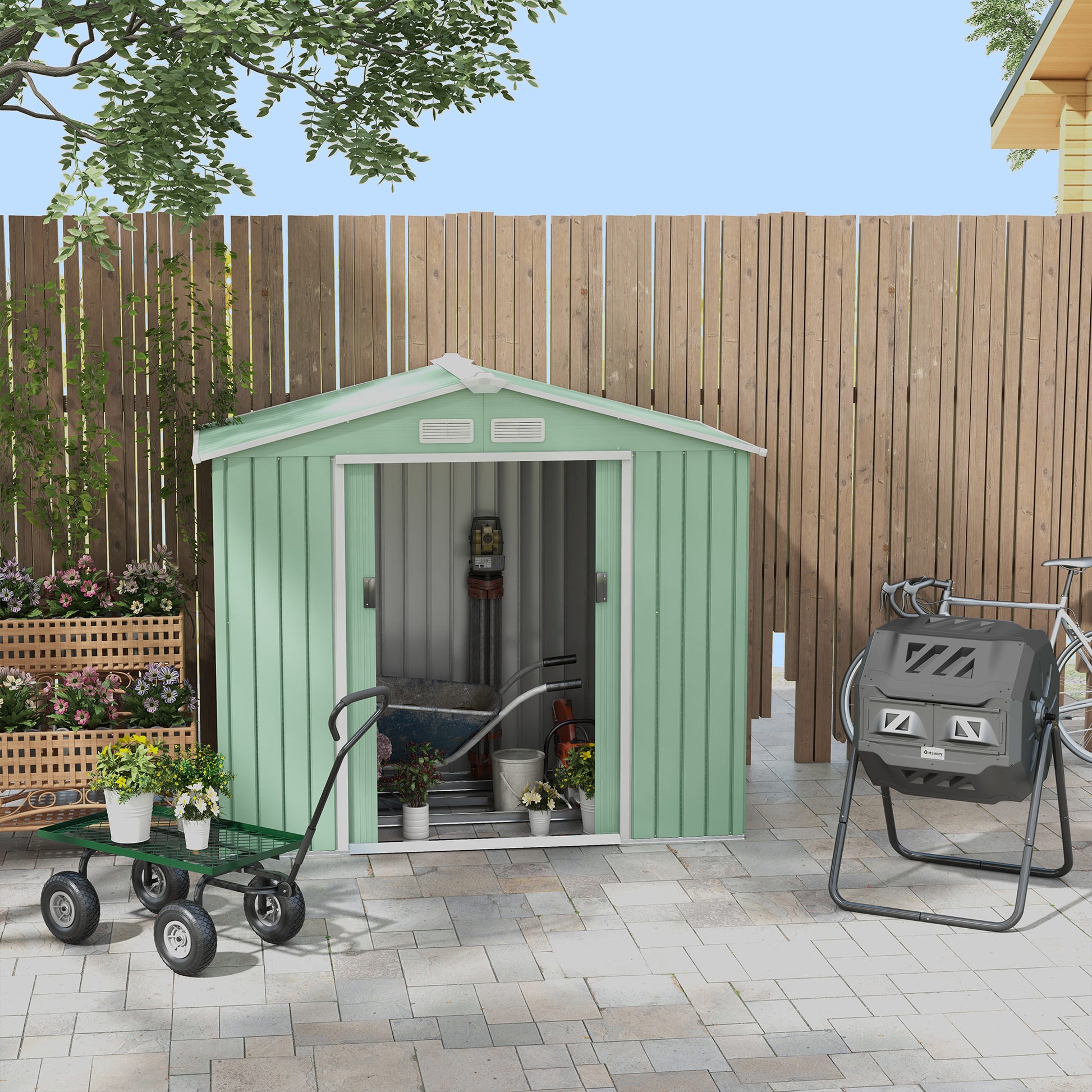 Garden Cart Transport Cart Handcart 4-Wheel 94L x 48.5W x 100H cm max. 150 kg Metal Green
