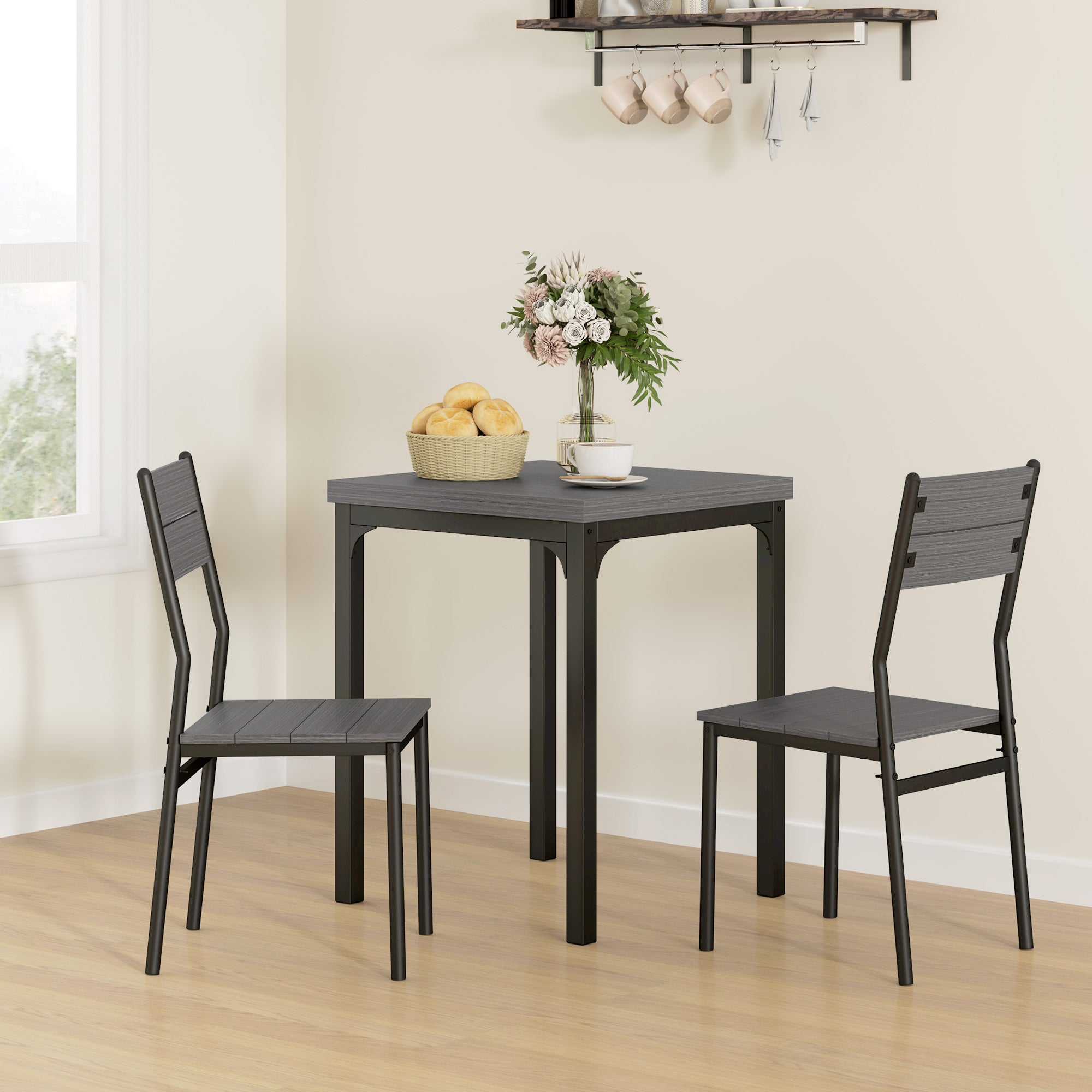 3-Piece Dining Set — Kitchen Table with 2 Chairs, Gray Metal Frame
